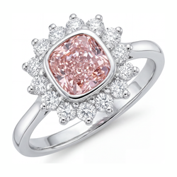 Verlobungsring mit rosa Edelstein, 1 Karat im Labor gezüchteter Diamant im Kissenschliff, Halo, 14 Karat Weißgold
