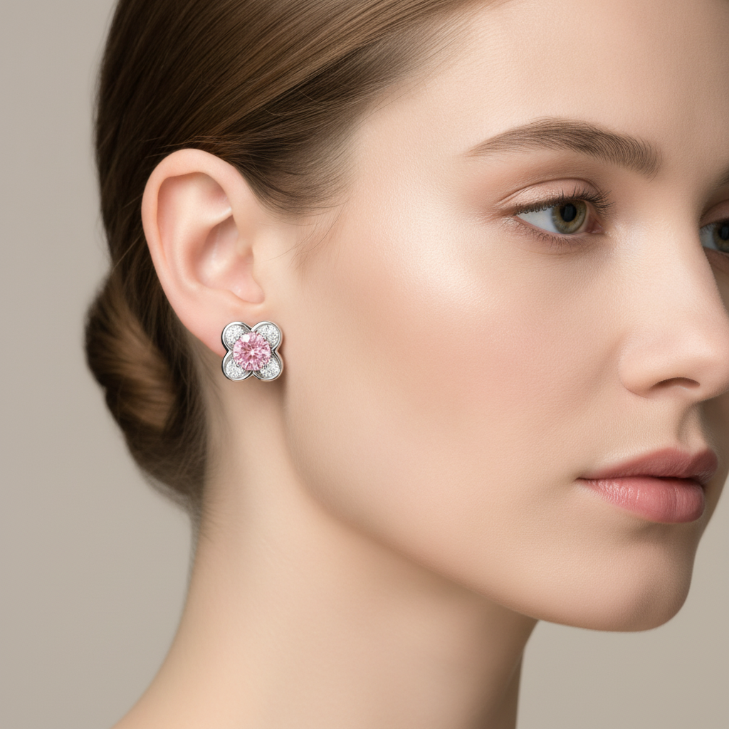 Rosa Diamant-Ohrringe 1 Karat im Labor gezüchtet Runder Cluster 14 Karat Weißgold