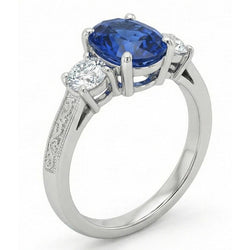 1.5 Kt Oval Sri Lanka Saphir Und Aus der Erde Abgebauter Natürlicher Diamant Drei Steine Ring Gold 14K