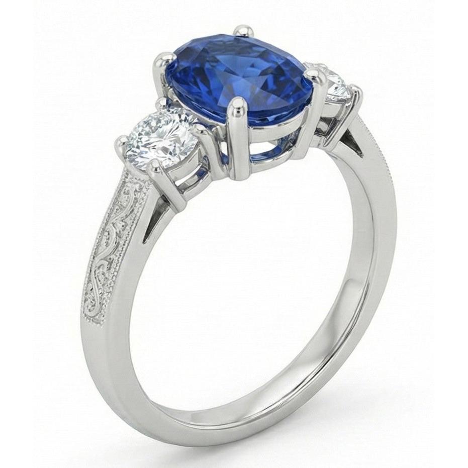 1.5 Kt Oval Sri Lanka Saphir Und Aus der Erde Abgebauter Natürlicher Diamant Drei Steine Ring Gold 14K