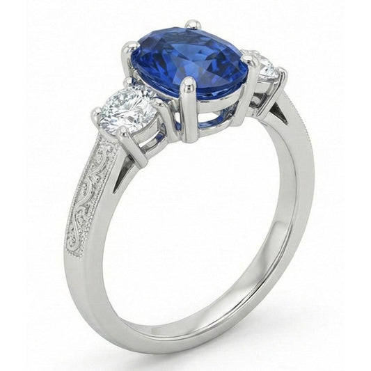 1.5 Kt Oval Sri Lanka Saphir Und Aus der Erde Abgebauter Natürlicher Diamant Drei Steine Ring Gold 14K