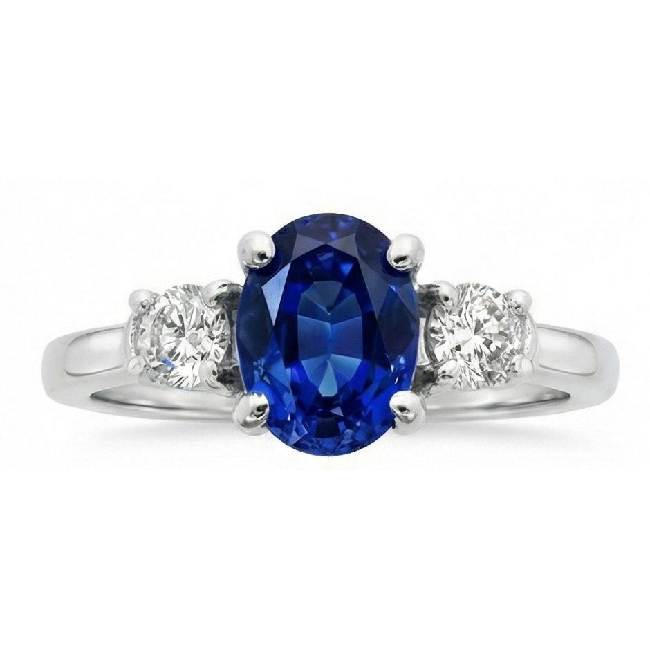 1.5 Kt Oval Sri Lanka Saphir Und Aus der Erde Abgebauter Natürlicher Diamant Drei Steine Ring Gold 14K