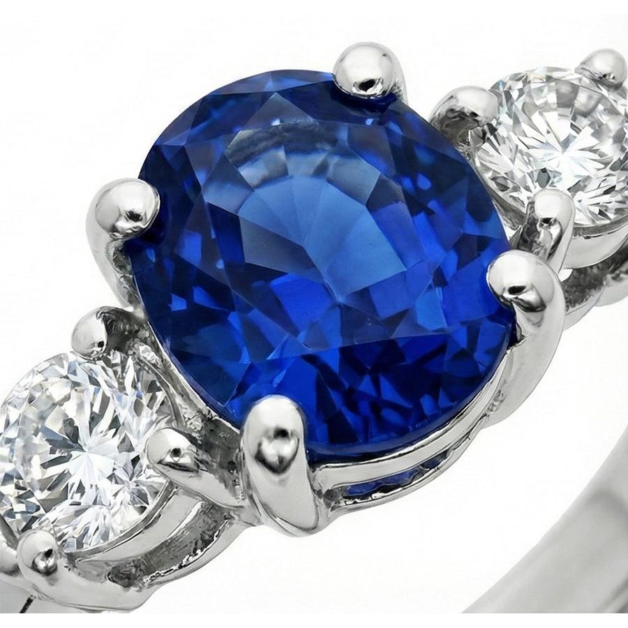 1.5 Kt Oval Sri Lanka Saphir Und Aus der Erde Abgebauter Natürlicher Diamant Drei Steine Ring Gold 14K