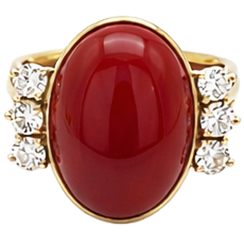 10.25 Karat große rote Koralle mit Aus der Erde Abgebauter Natürlicher Diamanten Ring Neu Gelbgold 14K