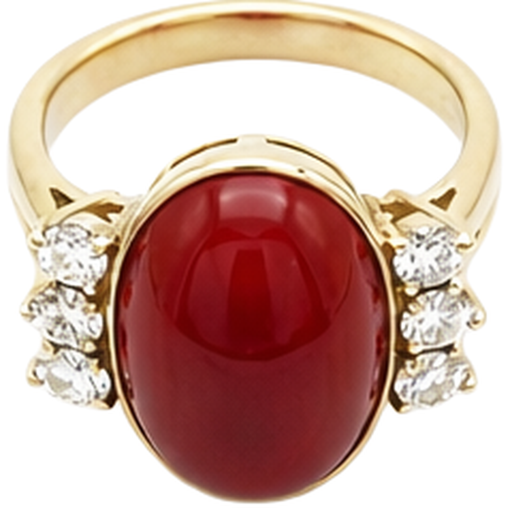 10.25 Karat große rote Koralle mit Aus der Erde Abgebauter Natürlicher Diamanten Ring Neu Gelbgold 14K