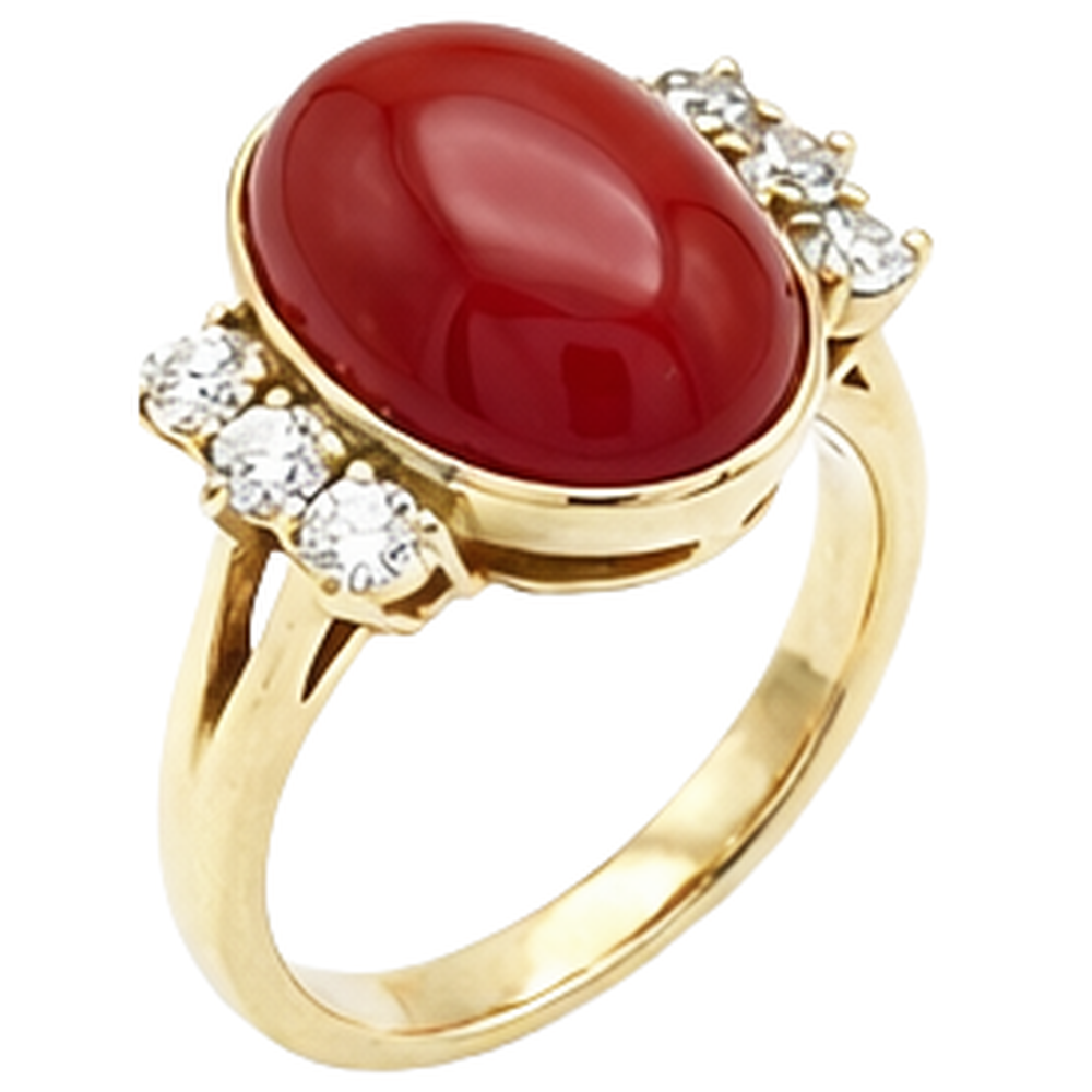 10.25 Karat große rote Koralle mit Aus der Erde Abgebauter Natürlicher Diamanten Ring Neu Gelbgold 14K