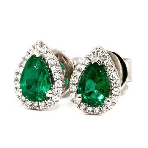 10 Karat Grüner Smaragd im Birnenschliff mit runden Diamant-Ohrsteckern 14K
