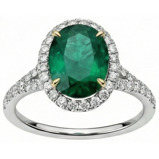 10 Karat Ovaler grüner Smaragd und runder Aus der Erde Abgebauter Natürlicher Diamantring Feiner Schmuck