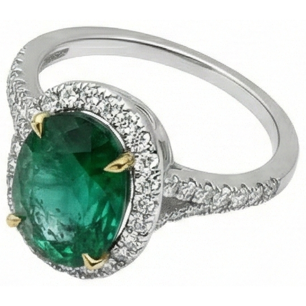 10 Karat Ovaler grüner Smaragd und runder Aus der Erde Abgebauter Natürlicher Diamantring Feiner Schmuck