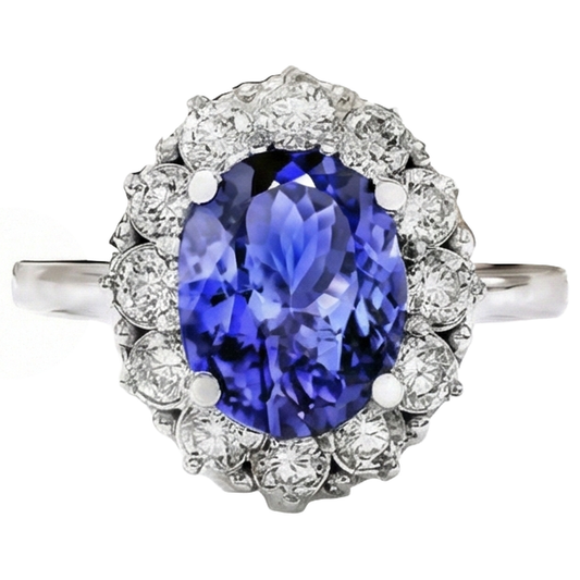 10 Kt Oval Tansanit Und Aus der Erde Abgebauter Natürlicher Diamanten Ring Gold Weiß 14K Krappenset