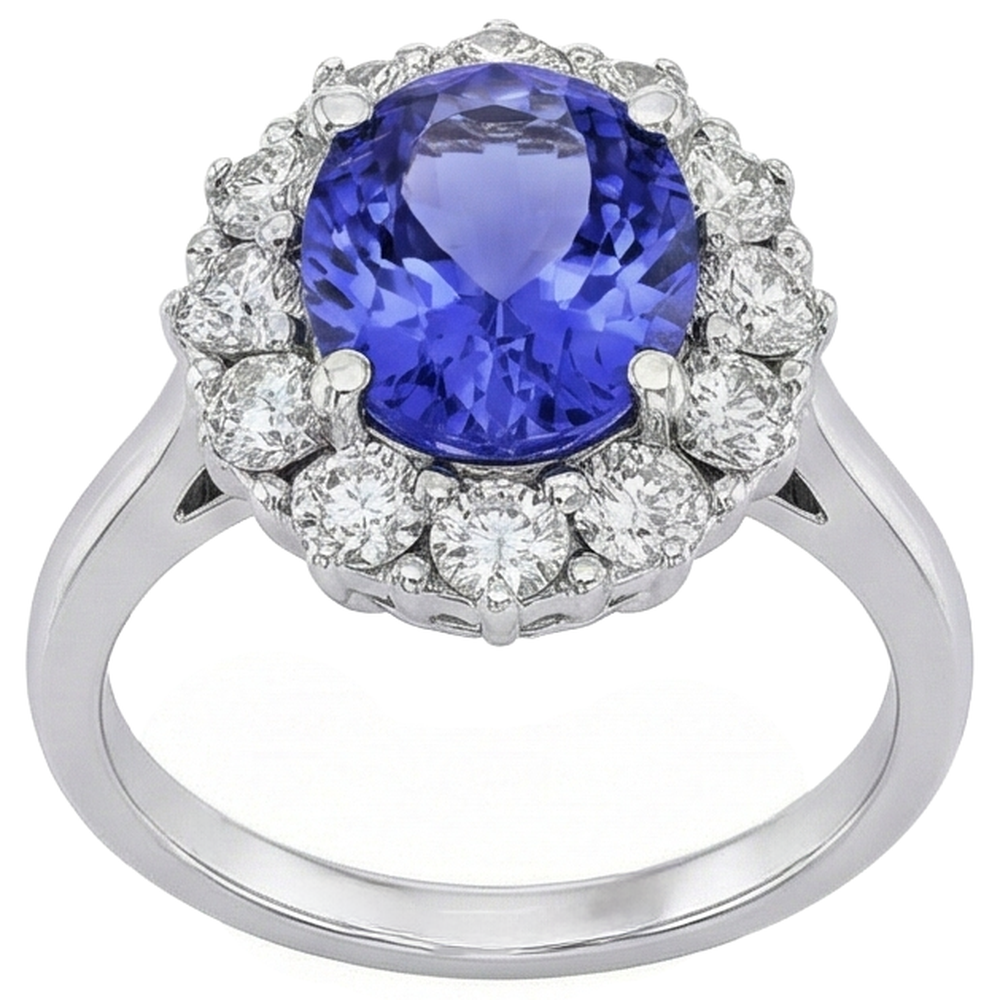 10 Kt Oval Tansanit Und Aus der Erde Abgebauter Natürlicher Diamanten Ring Gold Weiß 14K Krappenset
