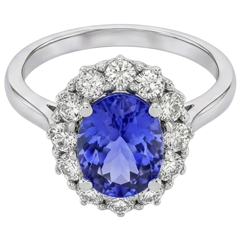 10 Kt Oval Tansanit Und Aus der Erde Abgebauter Natürlicher Diamanten Ring Gold Weiß 14K Krappenset