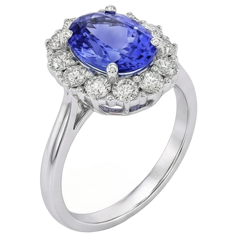 10 Kt Oval Tansanit Und Aus der Erde Abgebauter Natürlicher Diamanten Ring Gold Weiß 14K Krappenset