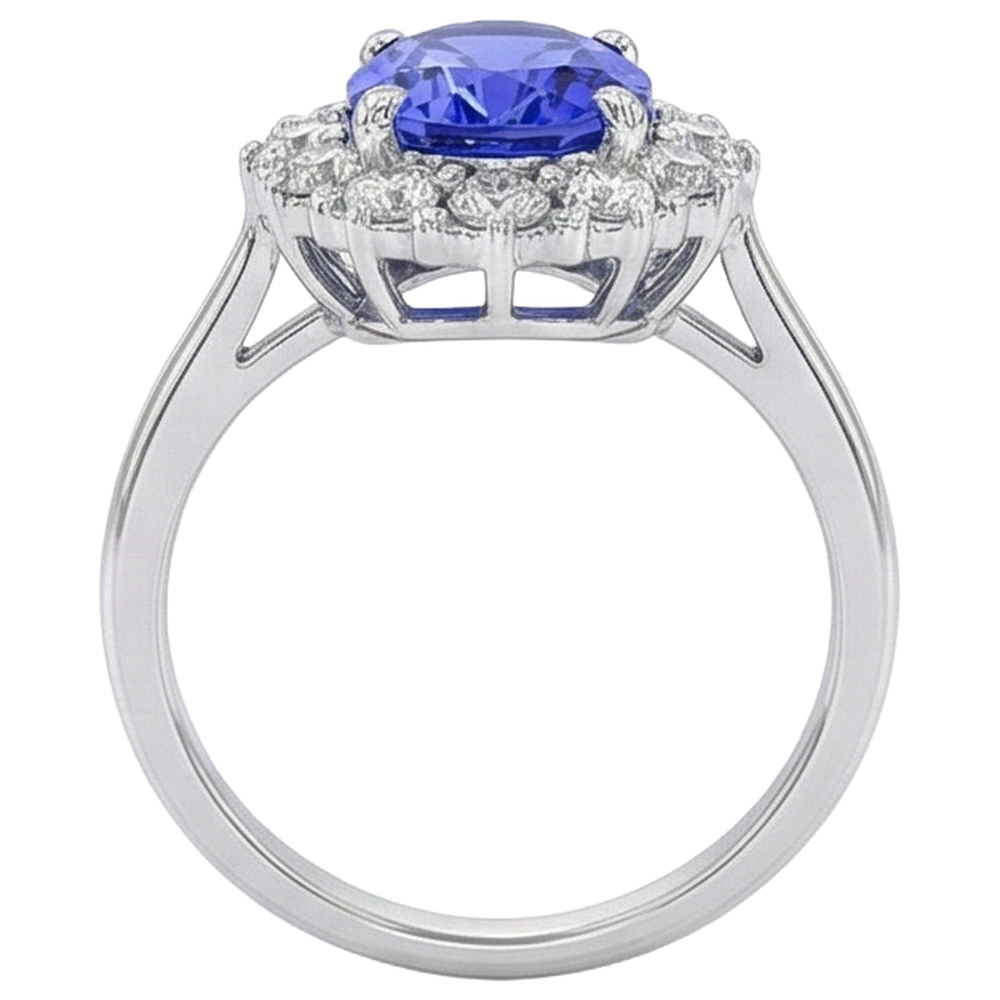 10 Kt Oval Tansanit Und Aus der Erde Abgebauter Natürlicher Diamanten Ring Gold Weiß 14K Krappenset