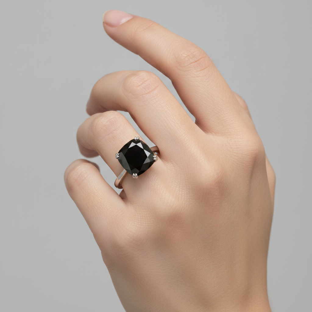 Echter schwarzer Diamant Ehering 5 Karat Kissenschliff Solitär Kathedralenfassung 14 Karat Weißgold