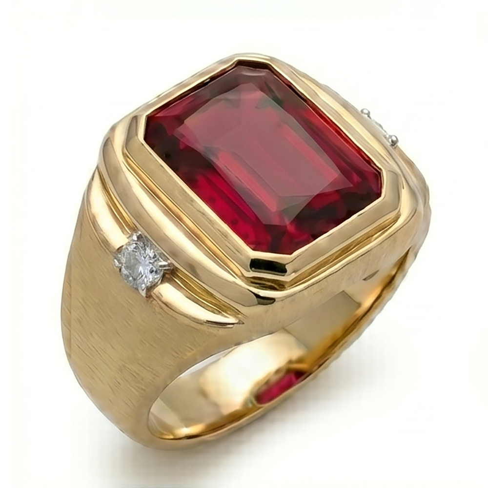 10K Yellow Gold Taubenblut-Rubin Herrenring – 7,20-Karat Radiant