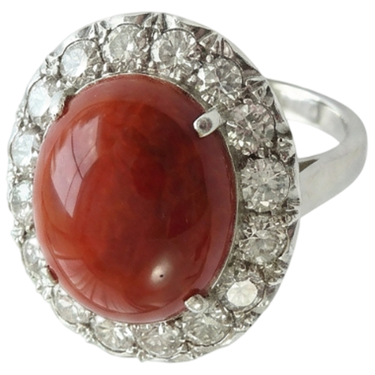 11.25 Kt. Rundschliff Roter Koralle Und Aus der Erde Abgebauter Natürlicher Diamanten Ehering 14K Gold