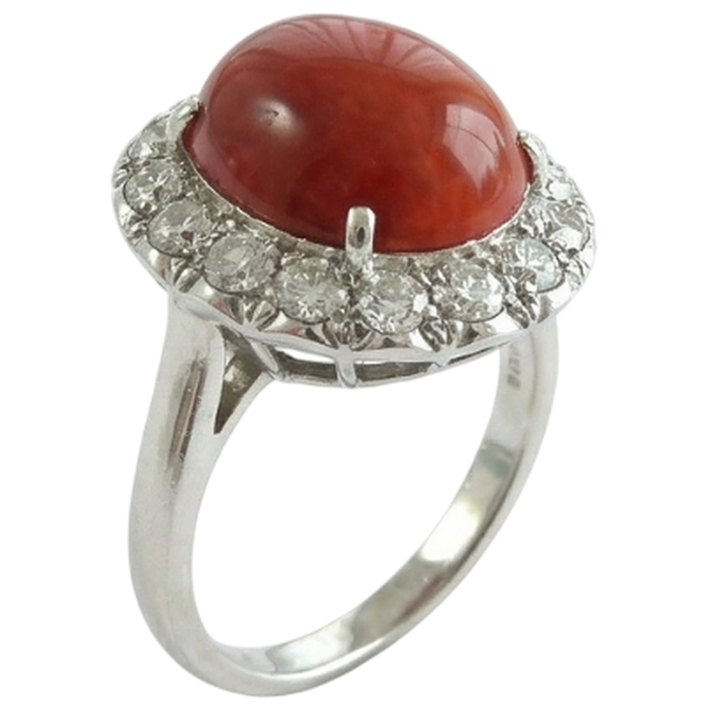 11.25 Kt. Rundschliff Roter Koralle Und Aus der Erde Abgebauter Natürlicher Diamanten Ehering 14K Gold