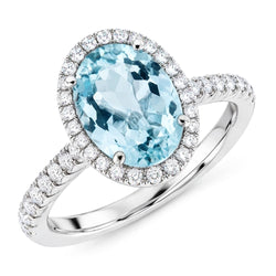 11.70 Kt Ovaler Aquamarin und runder Aus der Erde Abgebauter Natürlicher Diamanten Ring 14K Weißgold