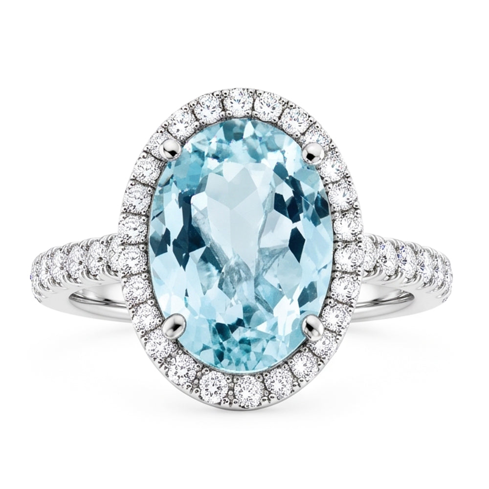 11.70 Kt Ovaler Aquamarin und runder Aus der Erde Abgebauter Natürlicher Diamanten Ring 14K Weißgold