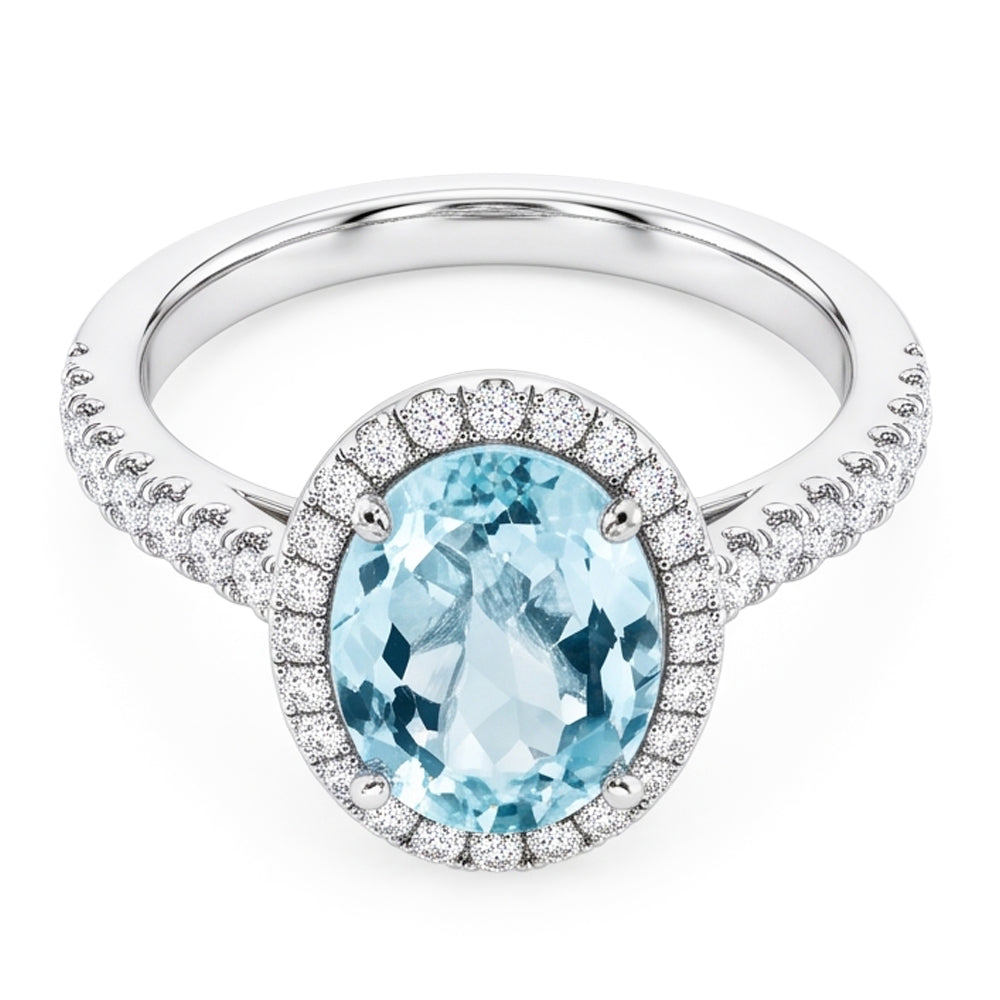 11.70 Kt Ovaler Aquamarin und runder Aus der Erde Abgebauter Natürlicher Diamanten Ring 14K Weißgold