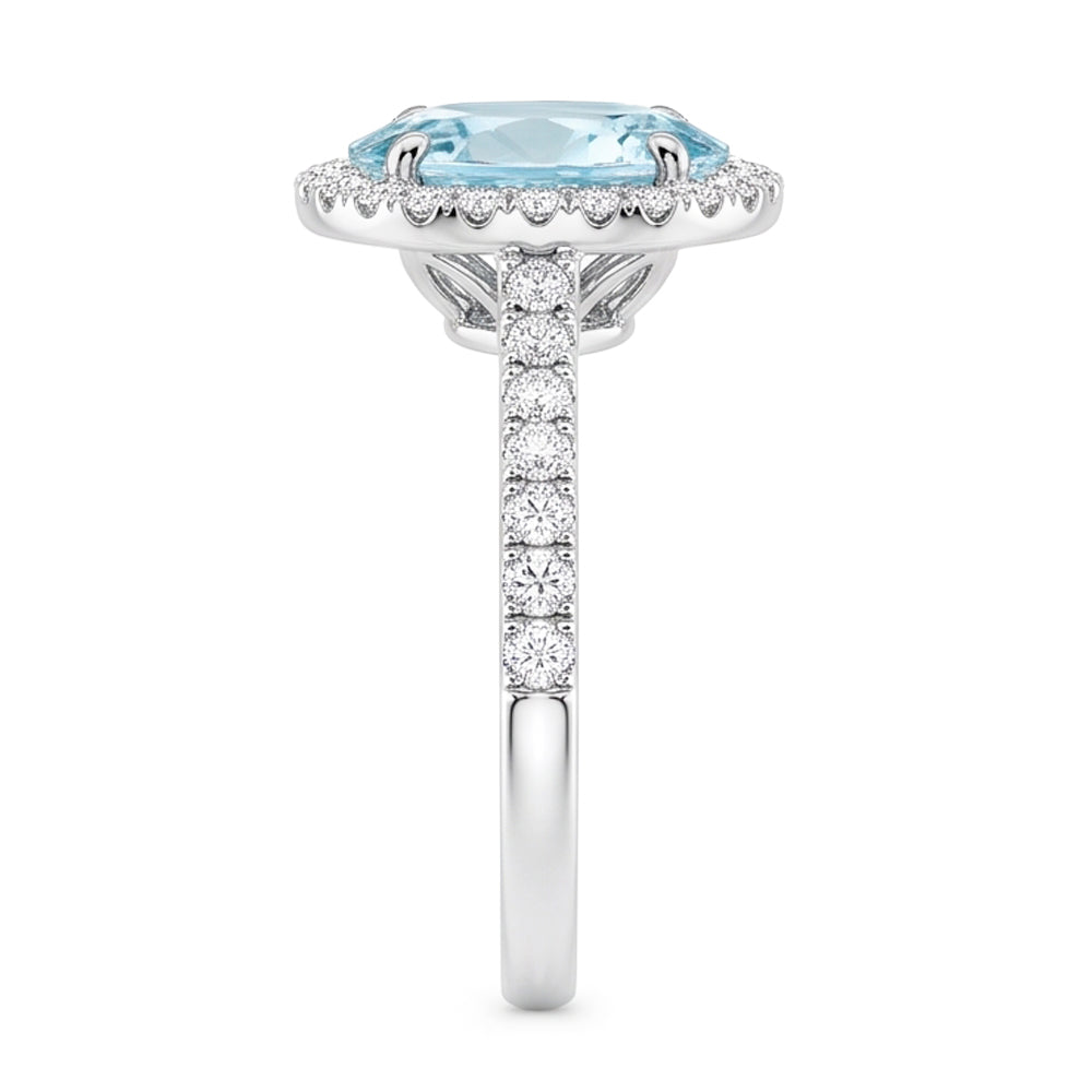 11.70 Kt Ovaler Aquamarin und runder Aus der Erde Abgebauter Natürlicher Diamanten Ring 14K Weißgold