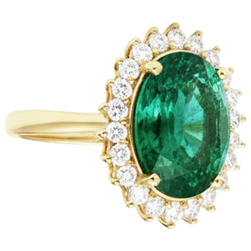 11 Kt Oval Grüner Smaragd Mit Aus der Erde Abgebauter Natürlicher Diamant Ehering 14K Gelb Gold