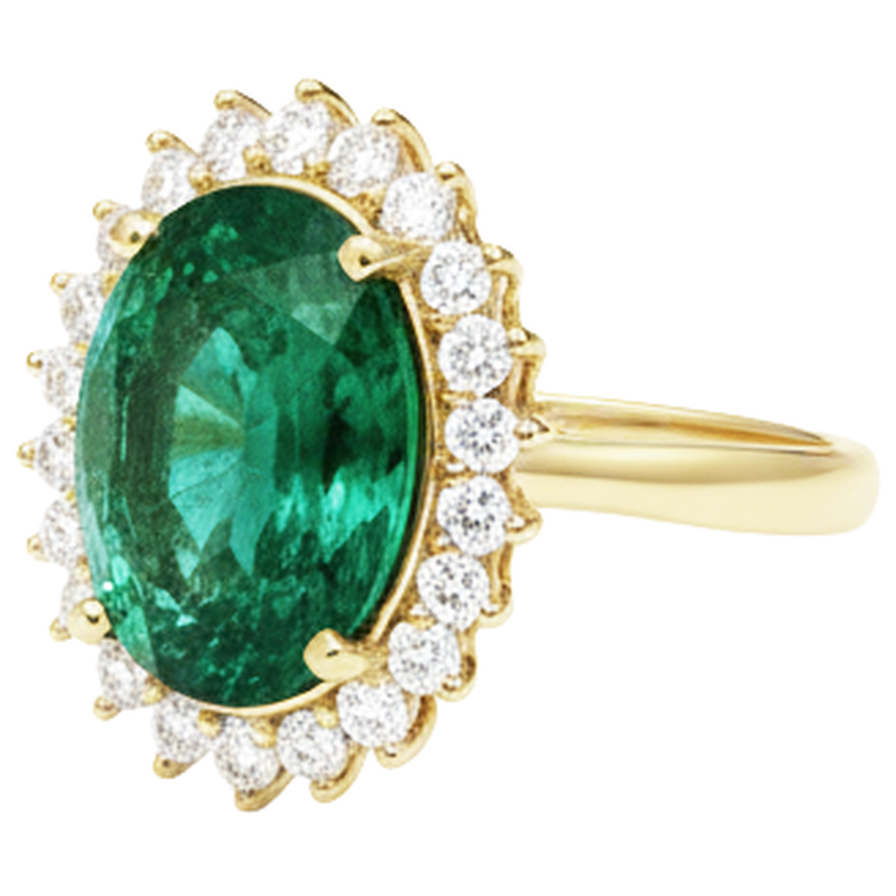 11 Kt Oval Grüner Smaragd Mit Aus der Erde Abgebauter Natürlicher Diamant Ehering 14K Gelb Gold