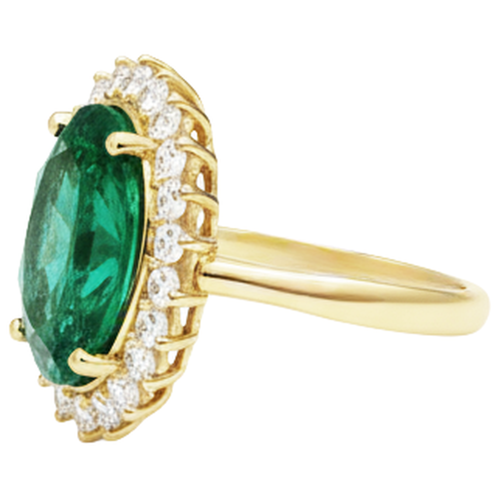 11 Kt Oval Grüner Smaragd Mit Aus der Erde Abgebauter Natürlicher Diamant Ehering 14K Gelb Gold