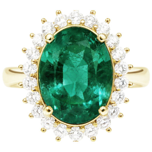 11 Kt Oval Grüner Smaragd Mit Aus der Erde Abgebauter Natürlicher Diamant Ehering 14K Gelb Gold