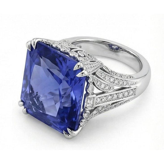 11.51 Karat Kissen Sri Lanka Saphir Runder Aus der Erde Abgebauter Natürlicher Diamant Weißgold Ring