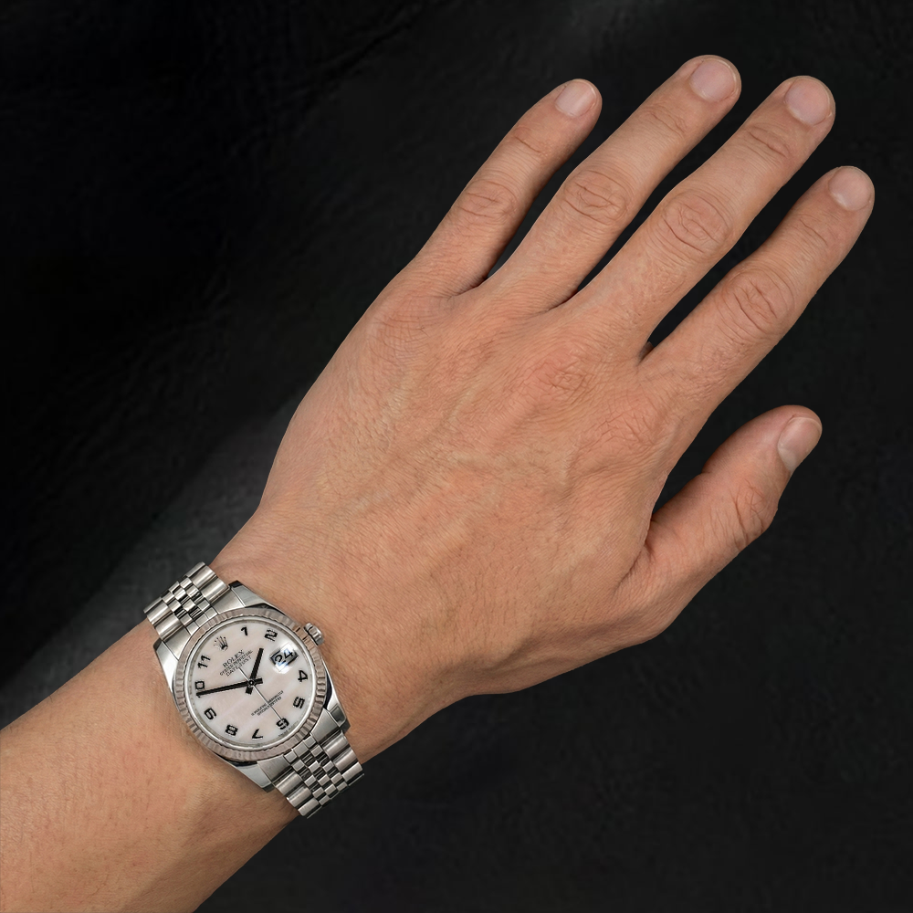 116234 Rolex-Uhr mit weißem Perlmutt-Zifferblatt und arabischem Zifferblatt, 36 mm