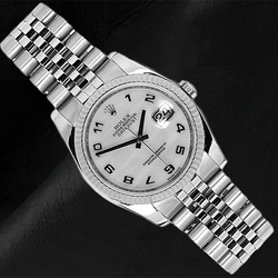 116234 Rolex-Uhr mit weißem Perlmutt-Zifferblatt und arabischem Zifferblatt, 36 mm