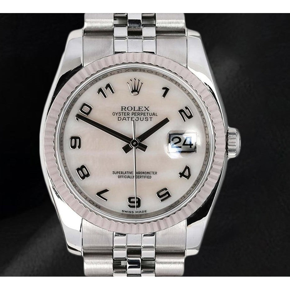 116234 Rolex-Uhr mit weißem Perlmutt-Zifferblatt und arabischem Zifferblatt, 36 mm