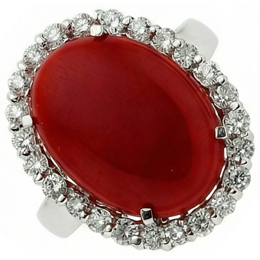 11,25 Kt. Krappenset Rote Koralle mit Aus der Erde Abgebauter Natürlicher Diamanten Ring 14K Weißgold