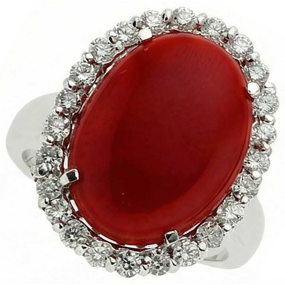 11,25 Kt. Krappenset Rote Koralle mit Aus der Erde Abgebauter Natürlicher Diamanten Ring 14K Weißgold