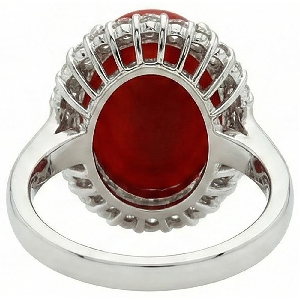 11,25 Kt. Krappenset Rote Koralle mit Aus der Erde Abgebauter Natürlicher Diamanten Ring 14K Weißgold