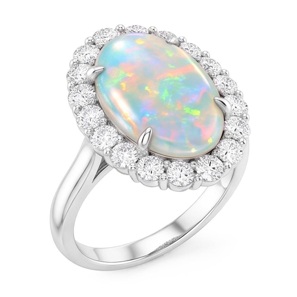 12.50 Karat Opal und Aus der Erde Abgebauter Natürlicher Diamanten Ehering Neu Weißgold 14K