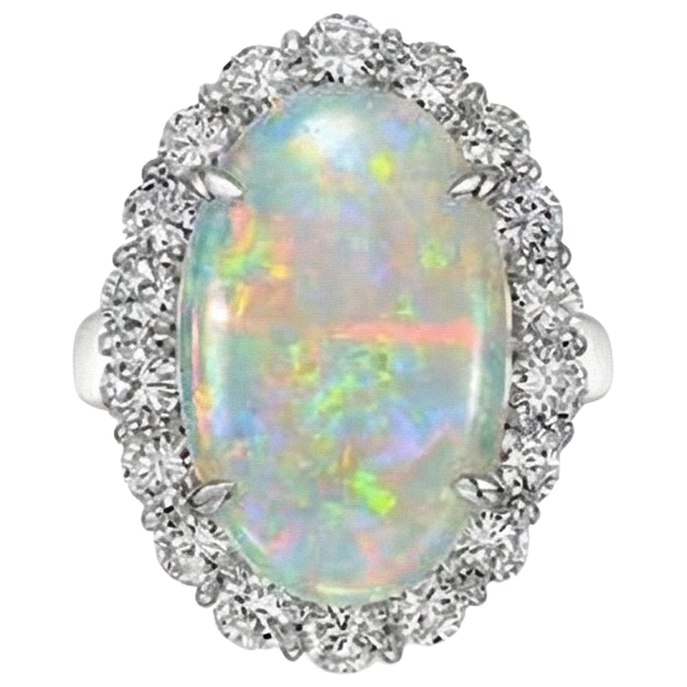 12.50 Karat Opal und Aus der Erde Abgebauter Natürlicher Diamanten Ehering Neu Weißgold 14K