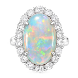12.50 Karat Opal und Aus der Erde Abgebauter Natürlicher Diamanten Ehering Neu Weißgold 14K