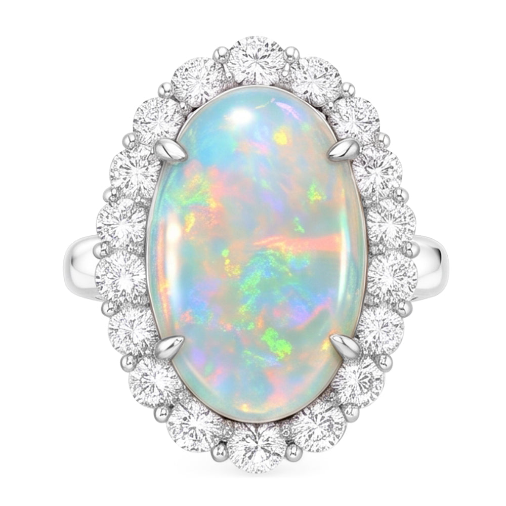12.50 Karat Opal und Aus der Erde Abgebauter Natürlicher Diamanten Ehering Neu Weißgold 14K