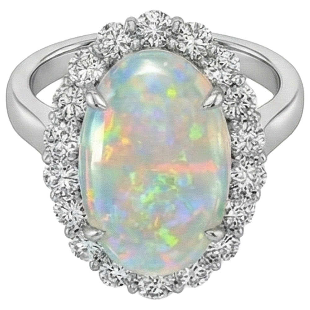 12.50 Karat Opal und Aus der Erde Abgebauter Natürlicher Diamanten Ehering Neu Weißgold 14K