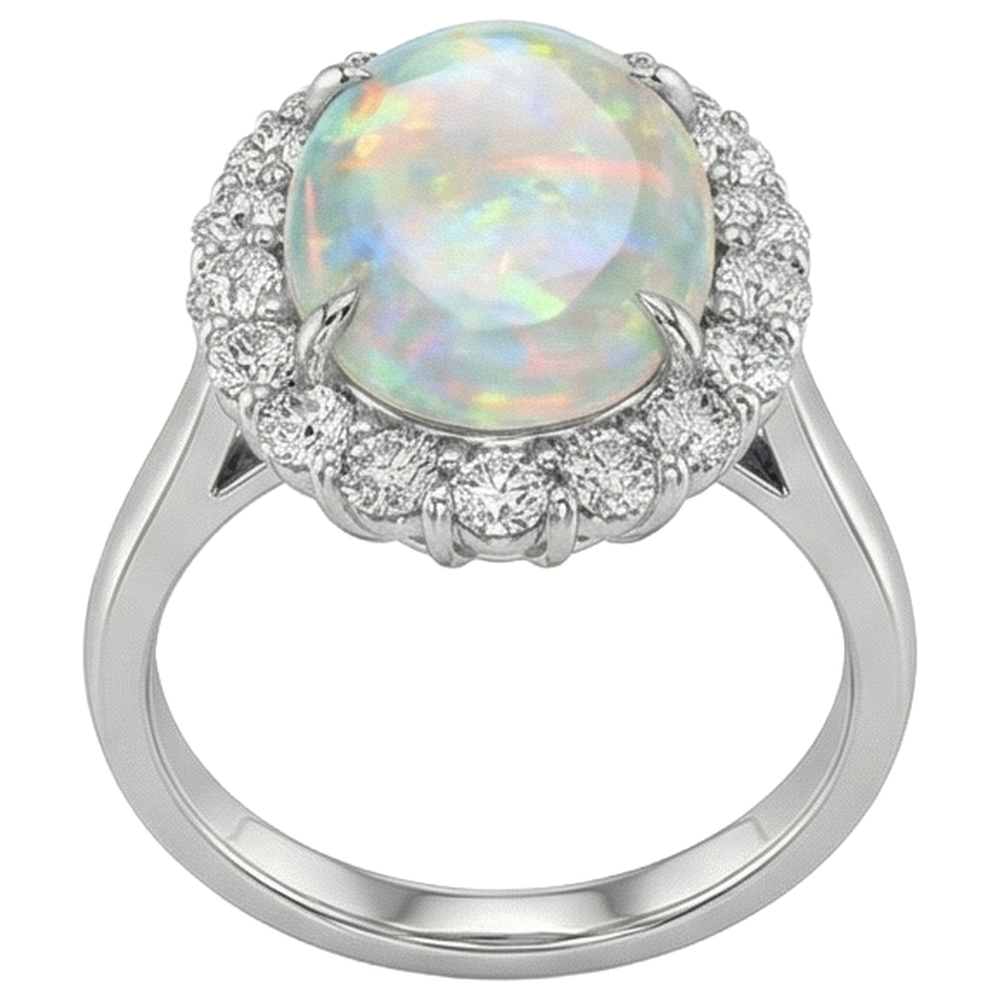 12.50 Karat Opal und Aus der Erde Abgebauter Natürlicher Diamanten Ehering Neu Weißgold 14K