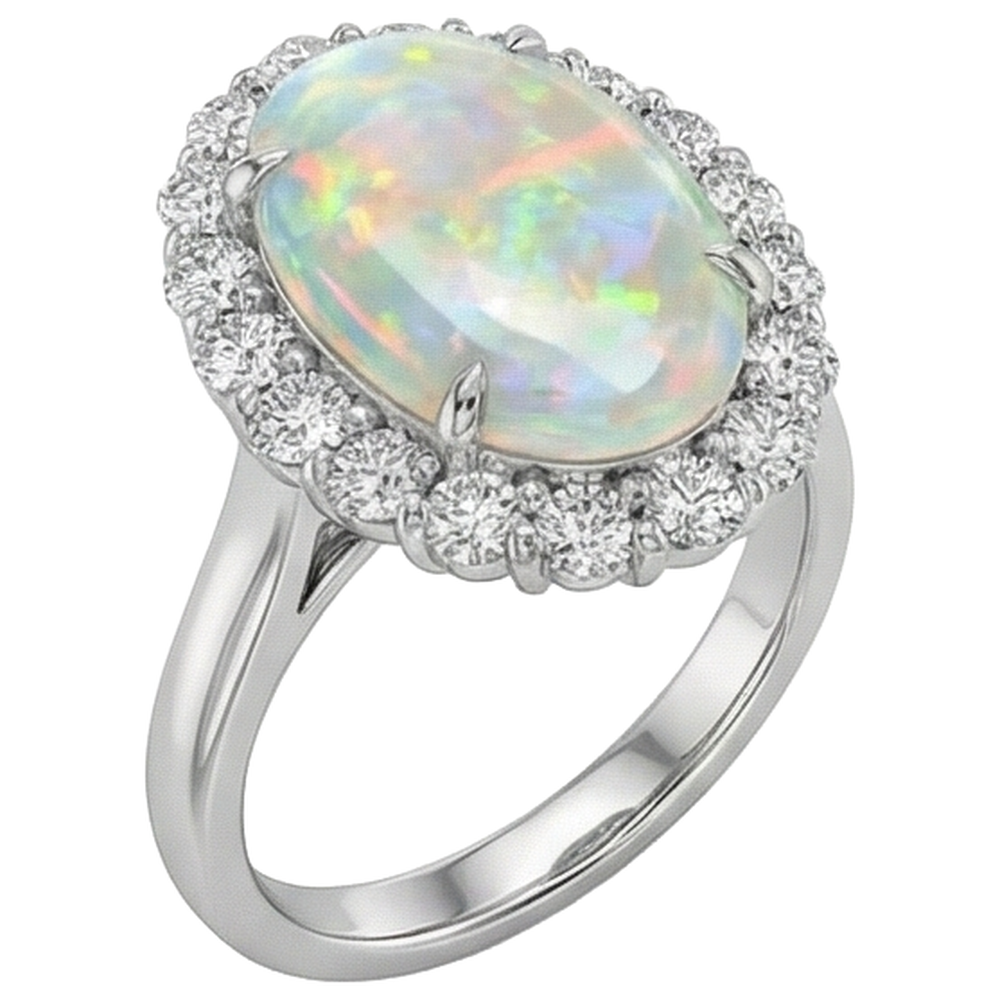 12.50 Karat Opal und Aus der Erde Abgebauter Natürlicher Diamanten Ehering Neu Weißgold 14K