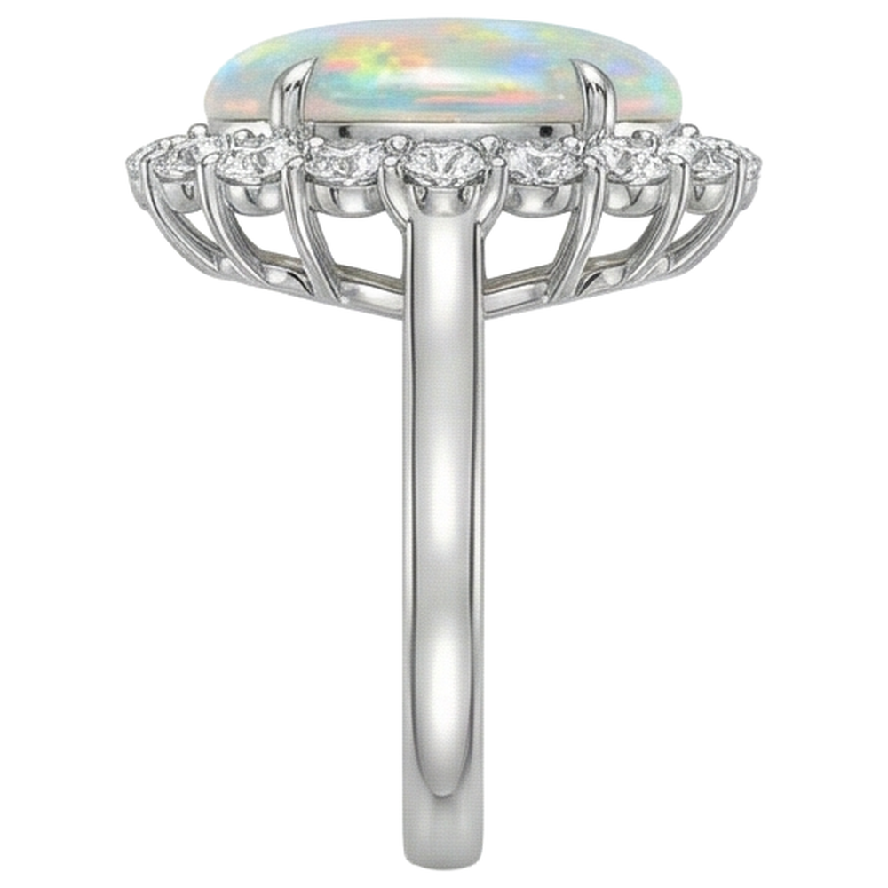12.50 Karat Opal und Aus der Erde Abgebauter Natürlicher Diamanten Ehering Neu Weißgold 14K
