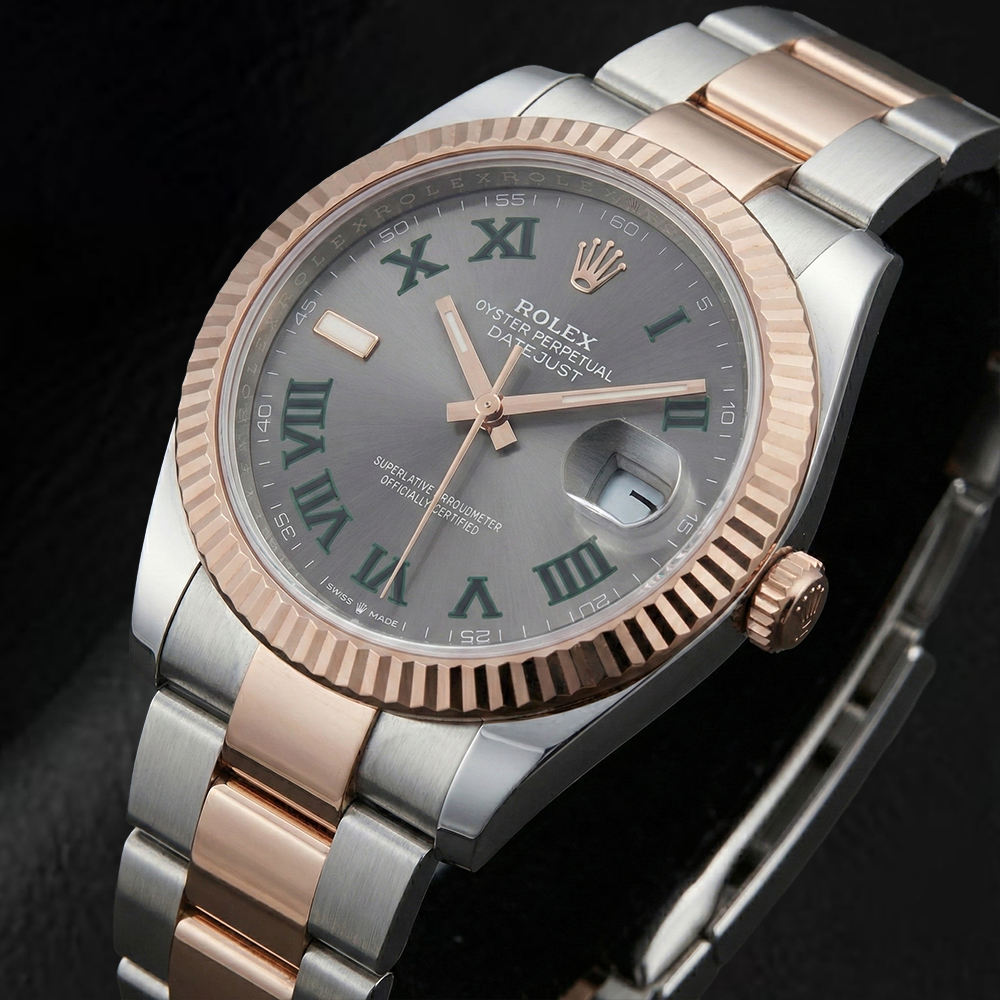 126331 Rolex Herrenuhr, zweifarbiges Golden, graues Zifferblatt, 18 Karat