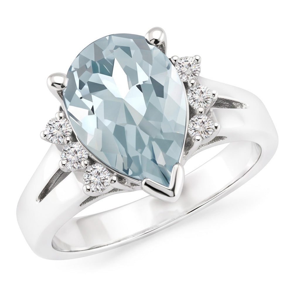 13.25 Karat Krappenset Aquamarin und Aus der Erde Abgebauter Natürlicher Diamanten Ring 14K Weißgold