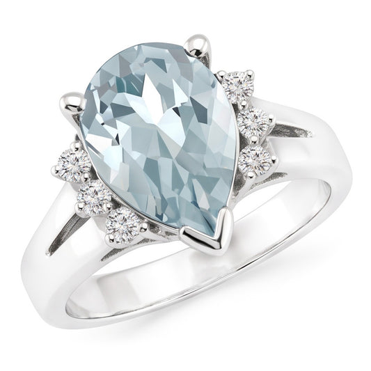 13.25 Karat Krappenset Aquamarin und Aus der Erde Abgebauter Natürlicher Diamanten Ring 14K Weißgold