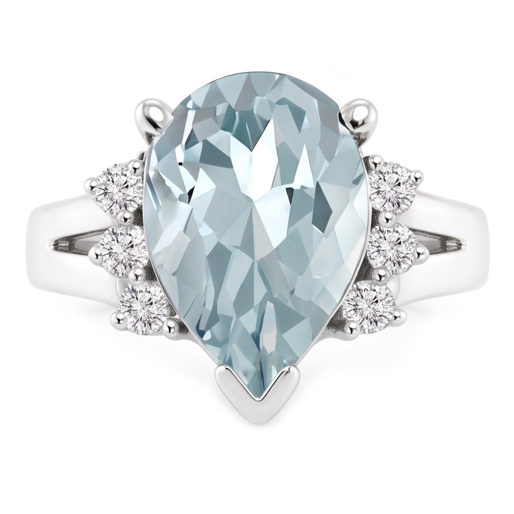 13.25 Karat Krappenset Aquamarin und Aus der Erde Abgebauter Natürlicher Diamanten Ring 14K Weißgold