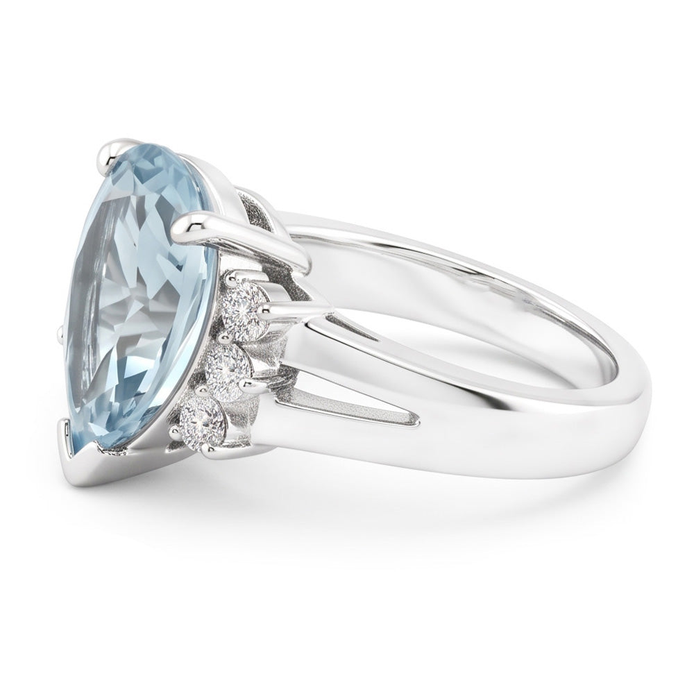 13.25 Karat Krappenset Aquamarin und Aus der Erde Abgebauter Natürlicher Diamanten Ring 14K Weißgold